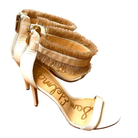 Sam Edelman Anabeth High Heels Sandals 8 Beige Leather Open Toe Zip Fringe - Picture 3 of 10